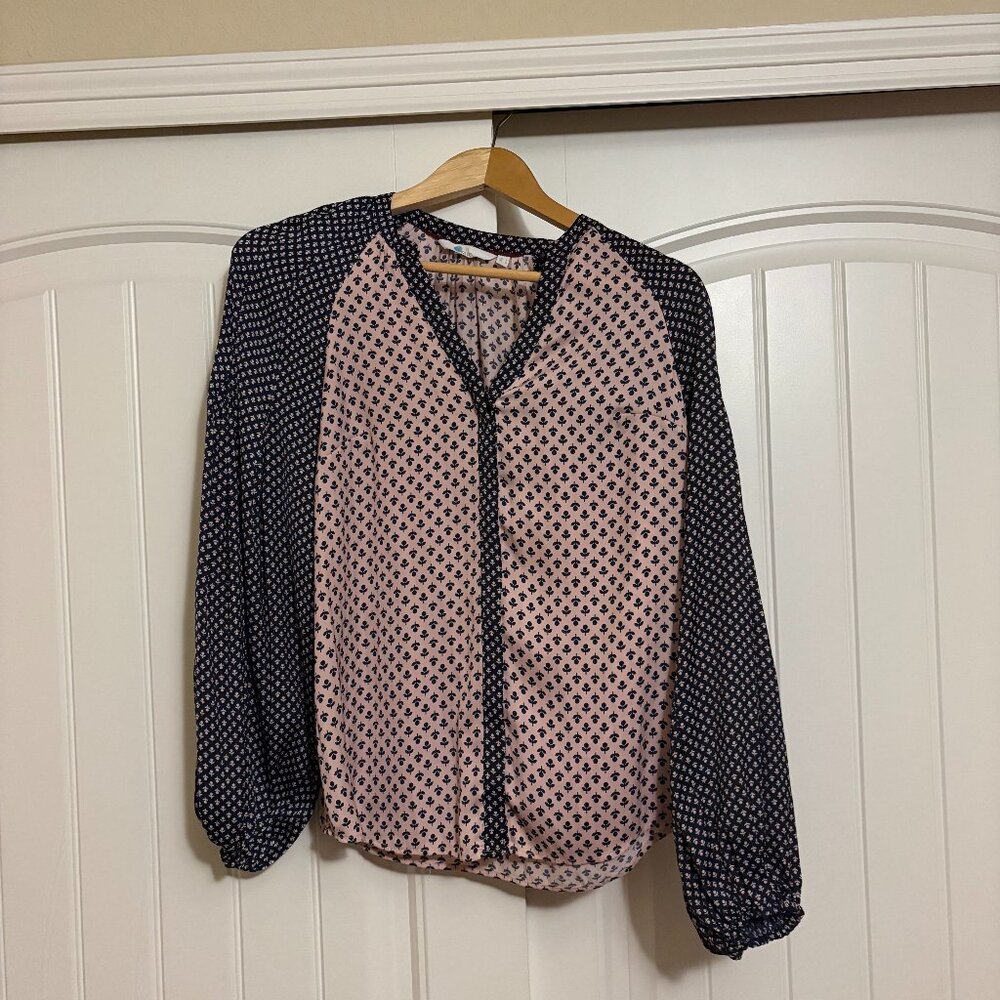 Boden Floral Print Blouse US Size 2 Navy Blue and Pink Long Sleeve Deep V Neck